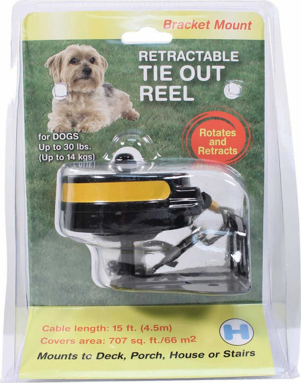 Lixit Corporation-Reflective Retractable Tie Out Reel With Bracket- Black/yellow Up To 30 Lb